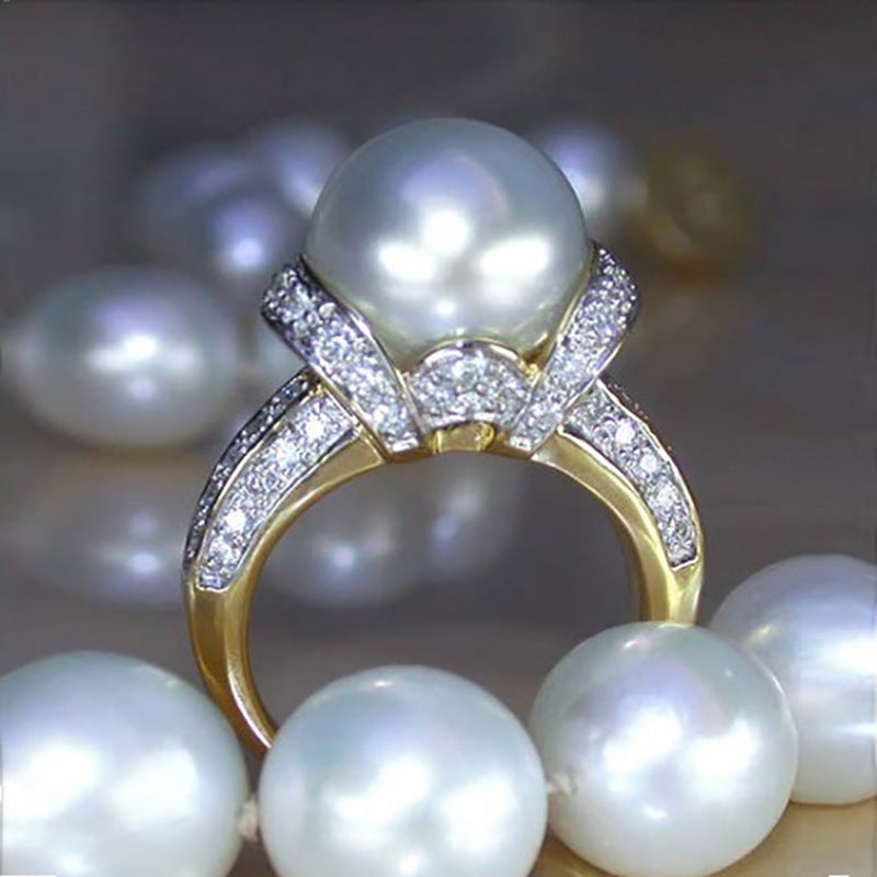 Elegant Temperament Zircon Pearl Gold-plated Ring Women