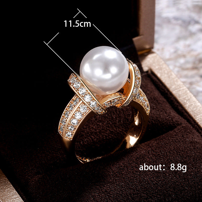 Elegant Temperament Zircon Pearl Gold-plated Ring Women