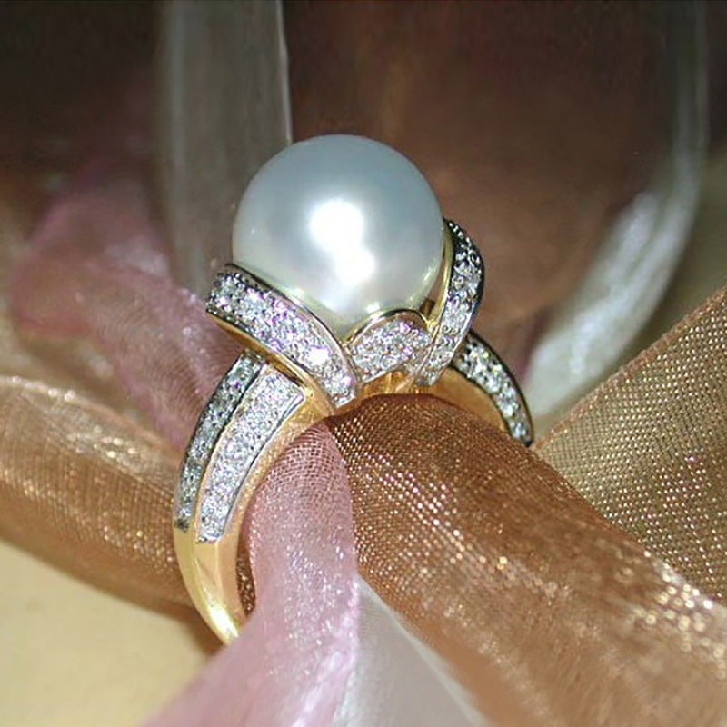 Elegant Temperament Zircon Pearl Gold-plated Ring Women