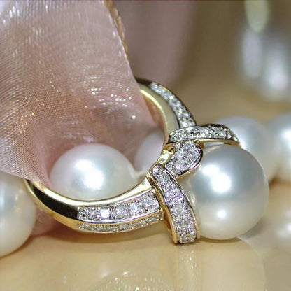 Elegant Temperament Zircon Pearl Gold-plated Ring Women