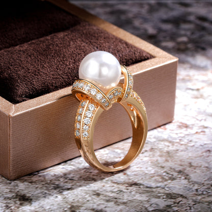 Elegant Temperament Zircon Pearl Gold-plated Ring Women